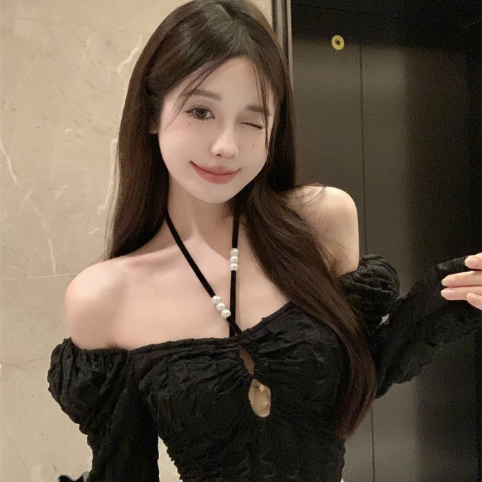 Slim Fit T-Shirt Top Halter Pearl Cutout Short