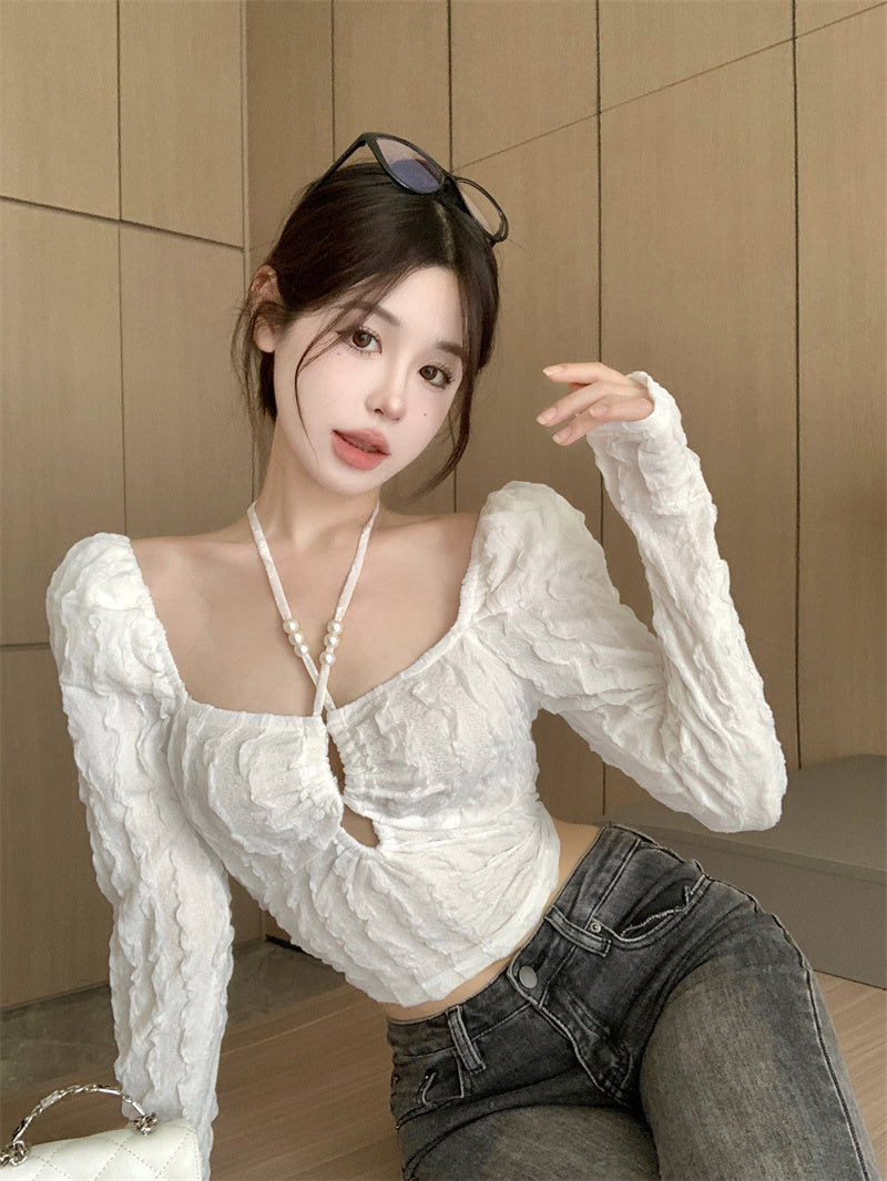 Slim Fit T-Shirt Top Halter Pearl Cutout Short