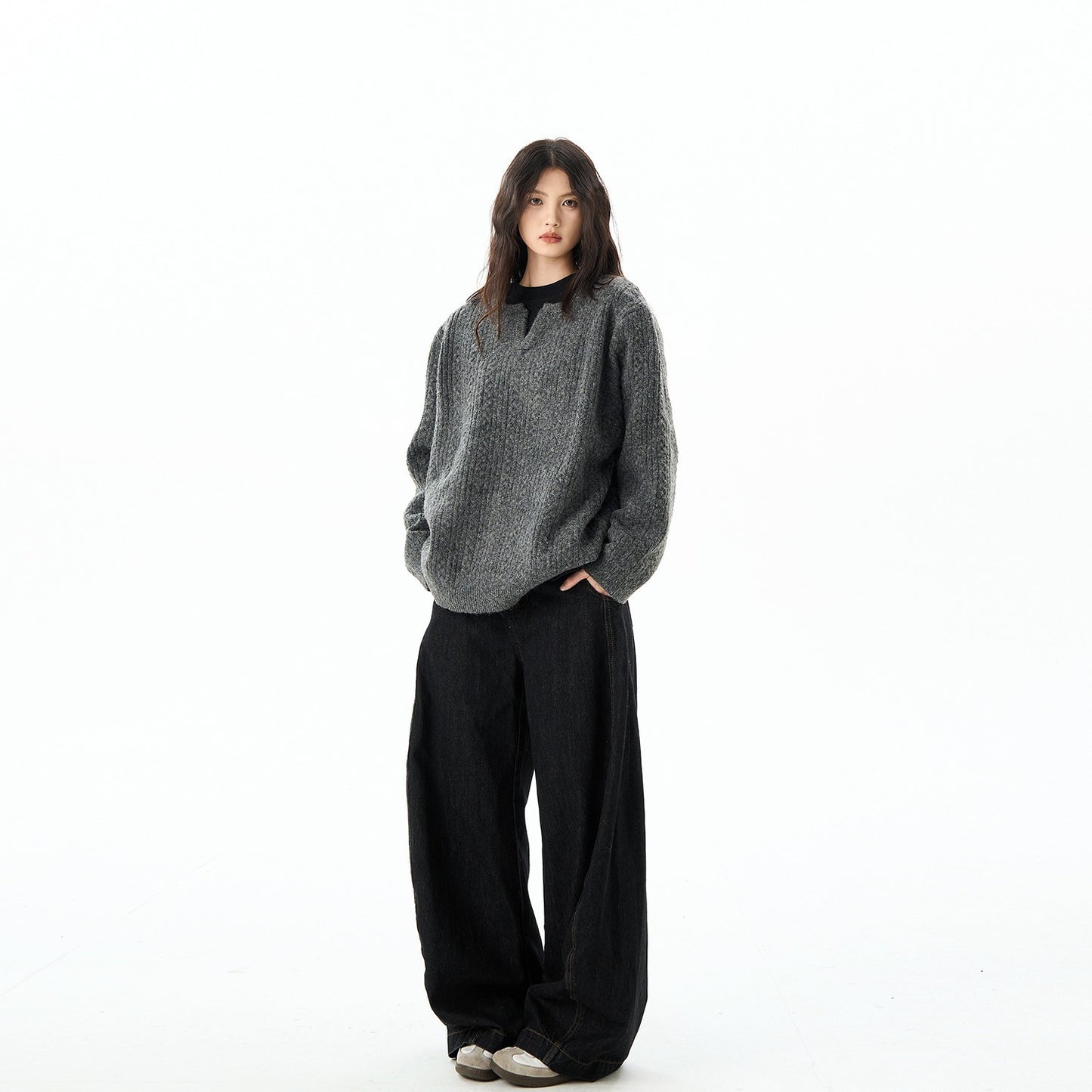 Loose Solid Color American Retro Twist Design Sweater For Women