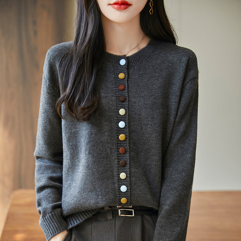 Women's Knitted Cardigan Jacket With Colorful Buttons