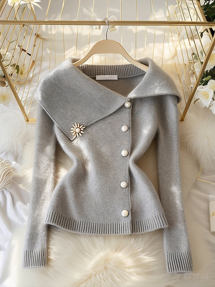 Idle Style Super Nice Gray Large Lapel Women's Sweater
