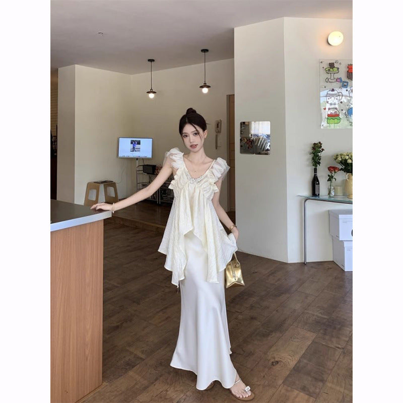 V-neck Irregular Ruffled Shirt Satin Skirt Fashion Suit