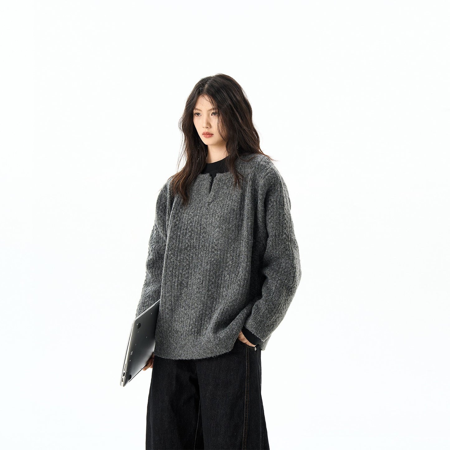 Loose Solid Color American Retro Twist Design Sweater For Women