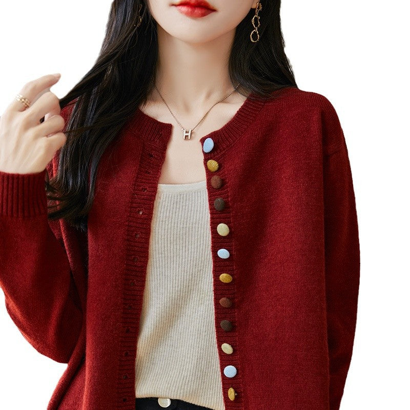 Women's Knitted Cardigan Jacket With Colorful Buttons