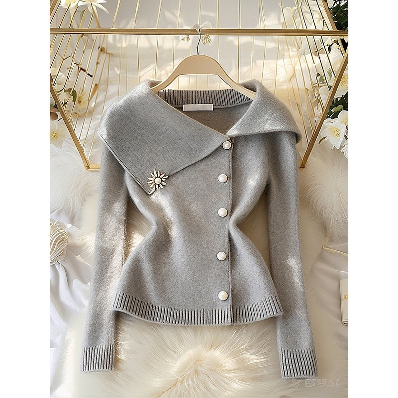 Idle Style Super Nice Gray Large Lapel Women's Sweater