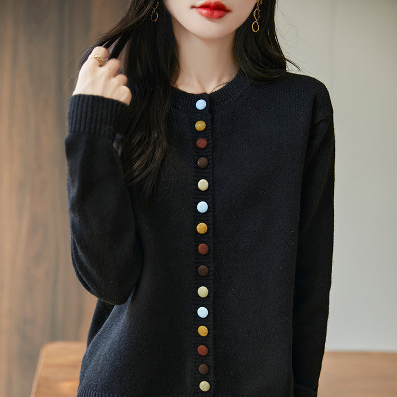Women's Knitted Cardigan Jacket With Colorful Buttons