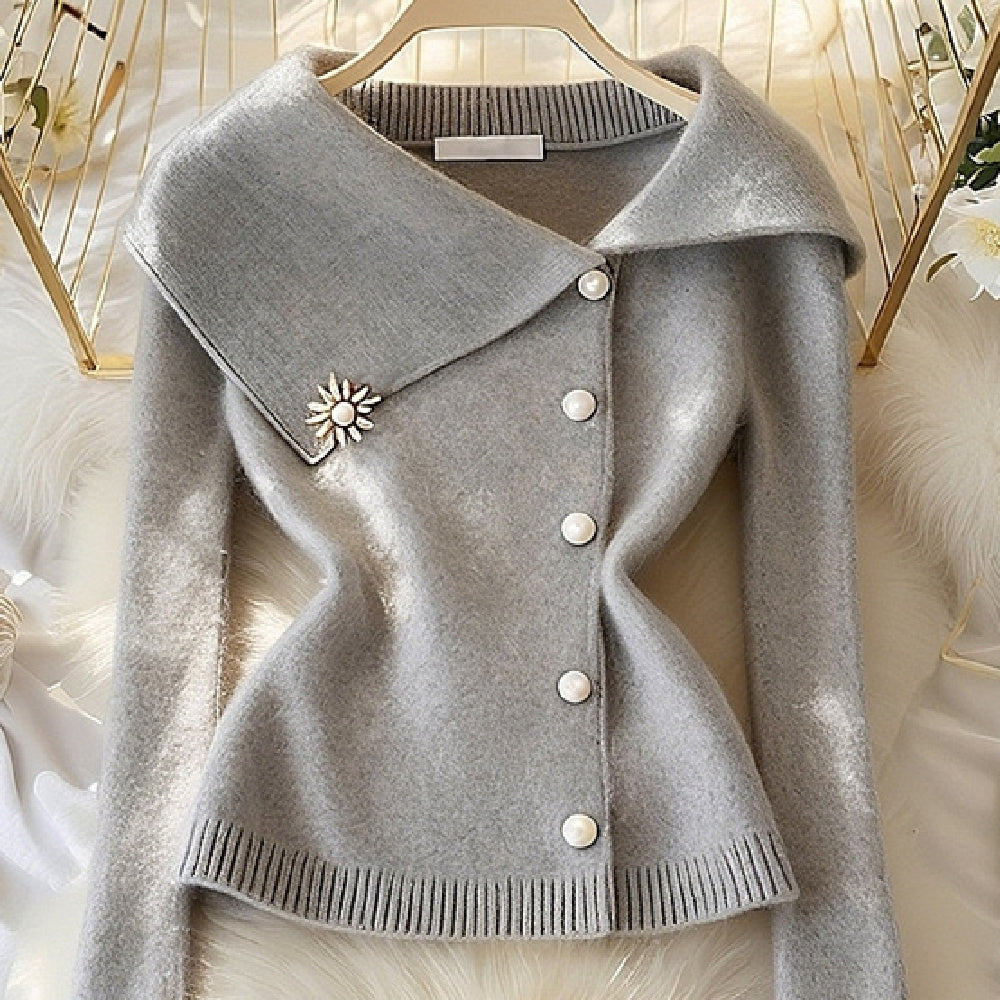 Idle Style Super Nice Gray Large Lapel Women's Sweater
