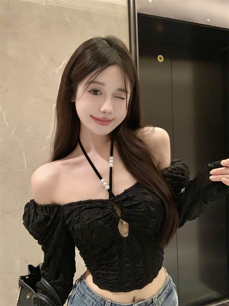 Slim Fit T-Shirt Top Halter Pearl Cutout Short