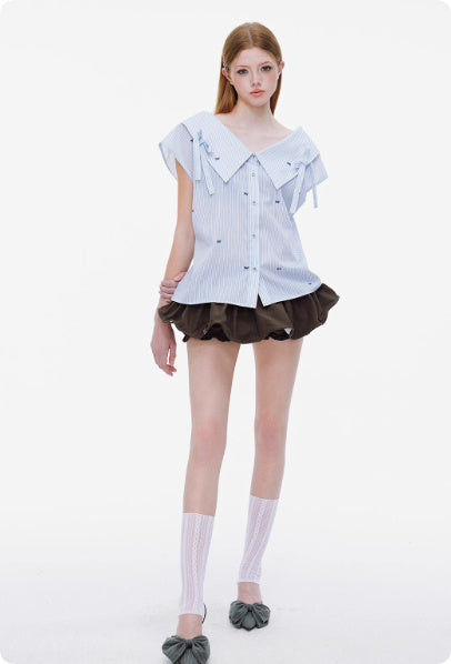 Strap Bow Striped One Shoulder Sleeveless Top For Women