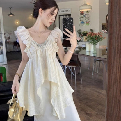 Ensemble jupe en satin à col V asymétrique et volants