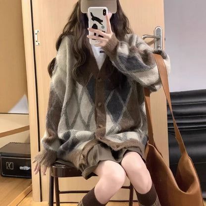 Gilet cardigan en maille à col en V à carreaux losanges pour femme