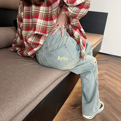 Jean droit taille haute brodé de chiots de dessin animé