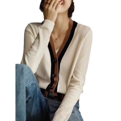 Gilet cardigan à col en V color-block, pull à manches longues pour femme