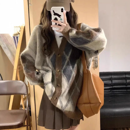 Gilet cardigan en maille à col en V à carreaux losanges pour femme