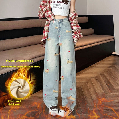 Jean droit taille haute brodé de chiots de dessin animé