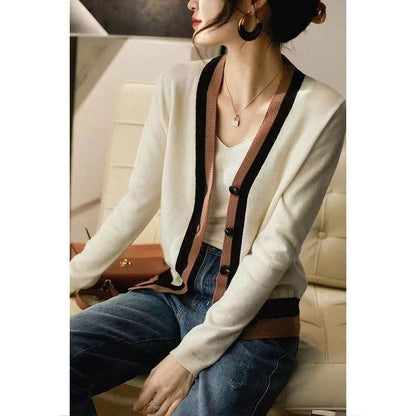 Gilet cardigan à col en V color-block, pull à manches longues pour femme