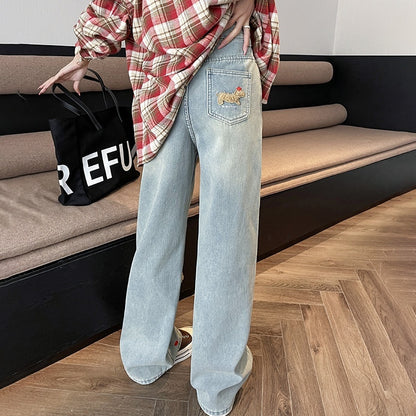 Jean droit taille haute brodé de chiots de dessin animé