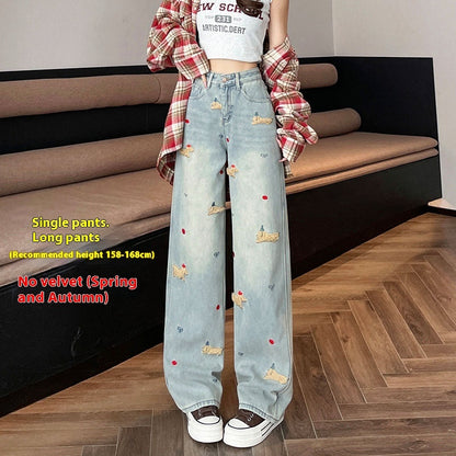 Jean droit taille haute brodé de chiots de dessin animé