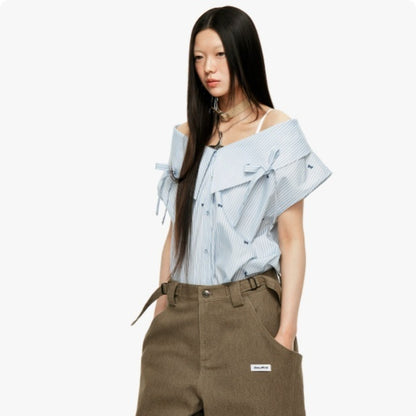 Strap Bow Striped One Shoulder Sleeveless Top For Women