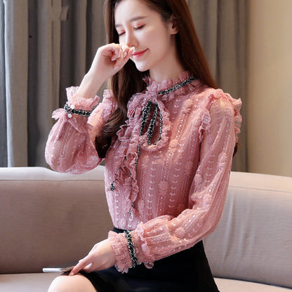 Chemisier élégant à noeud papillon-Col montant et manches longues