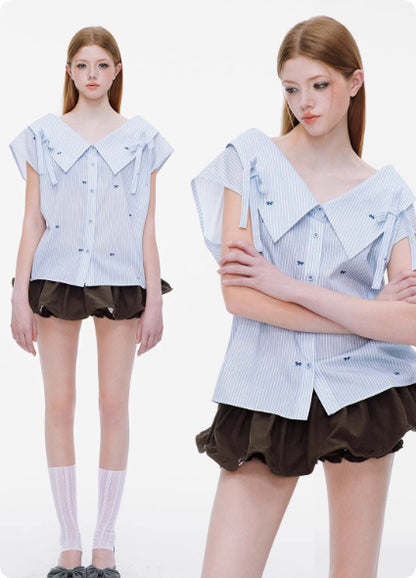 Strap Bow Striped One Shoulder Sleeveless Top For Women