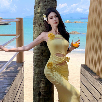Robe bandoulière jaune ajourée, style vacances d'été à la mer pour femme