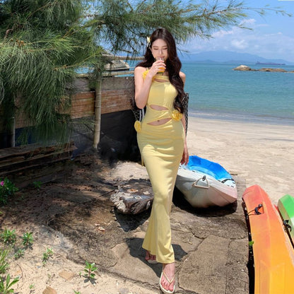Robe bandoulière jaune ajourée, style vacances d'été à la mer pour femme