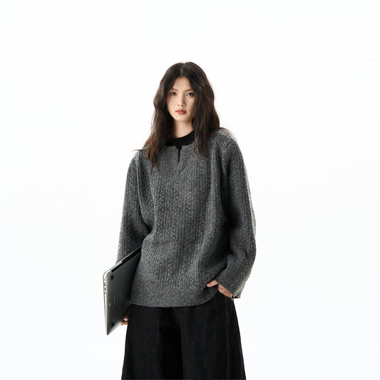 Loose Solid Color American Retro Twist Design Sweater For Women