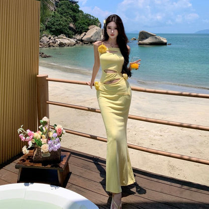 Robe bandoulière jaune ajourée, style vacances d'été à la mer pour femme