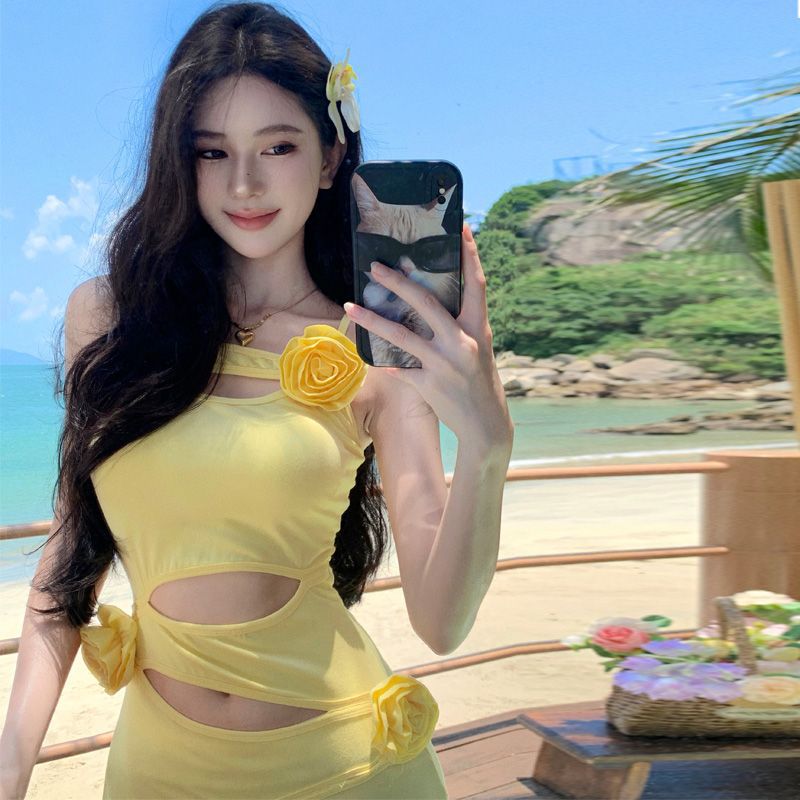 Yellow Hollow Out Sling Dress Women's Summer Seaside Vacation Style
