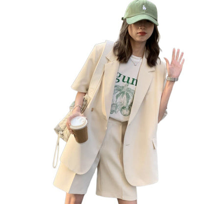 Veste de tailleur décontractée à manches courtes, short et ensemble deux pièces pour femme