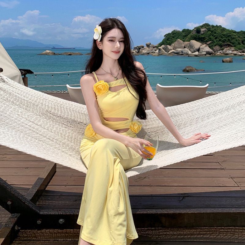 Yellow Hollow Out Sling Dress Women's Summer Seaside Vacation Style