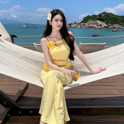 Robe bandoulière jaune ajourée, style vacances d'été à la mer pour femme