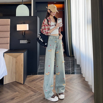 Jean droit taille haute brodé de chiots de dessin animé