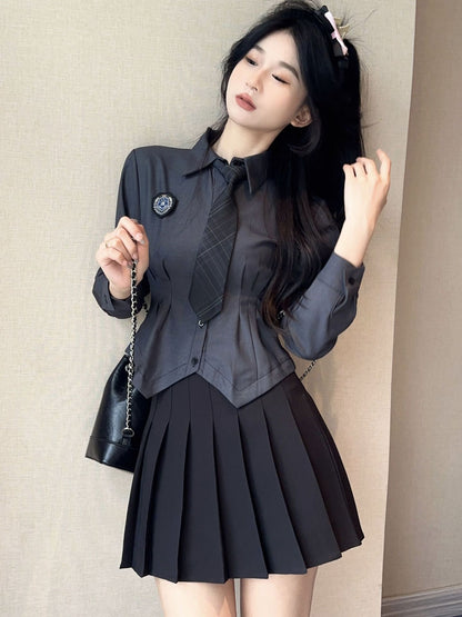Chemise cintrée JK, jupe plissée à manches longues pour femme, tailleur uniforme.