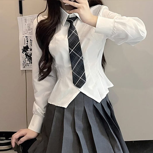 Jk Waist Trimming Shirt Women's Long-sleeved Hot Girl Pleated Skirt Uniform Suit