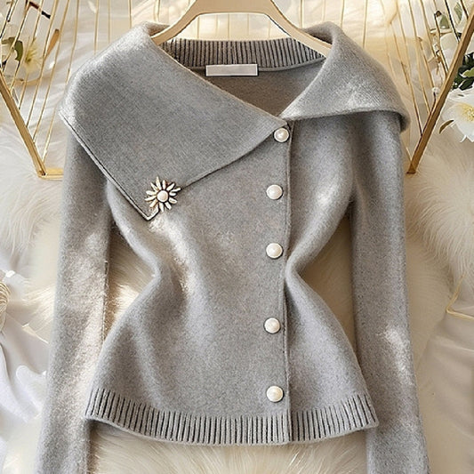 Idle Style Super Nice Gray Large Lapel Women's Sweater