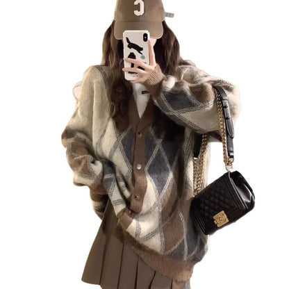 Gilet cardigan en maille à col en V à carreaux losanges pour femme