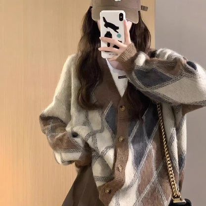 Gilet cardigan en maille à col en V à carreaux losanges pour femme