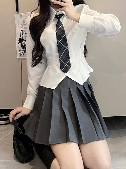 Chemise cintrée JK, jupe plissée à manches longues pour femme, tailleur uniforme.