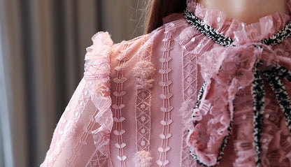 Chemisier élégant à noeud papillon-Col montant et manches longues