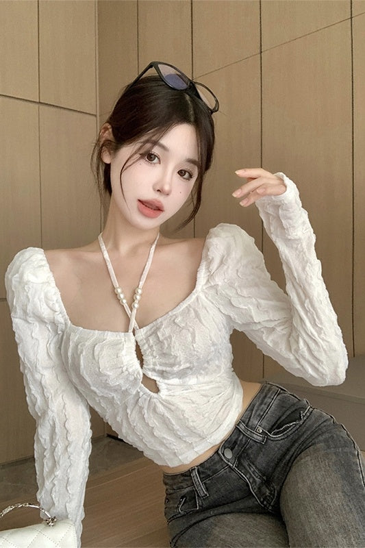 Slim Fit T-Shirt Top Halter Pearl Cutout Short